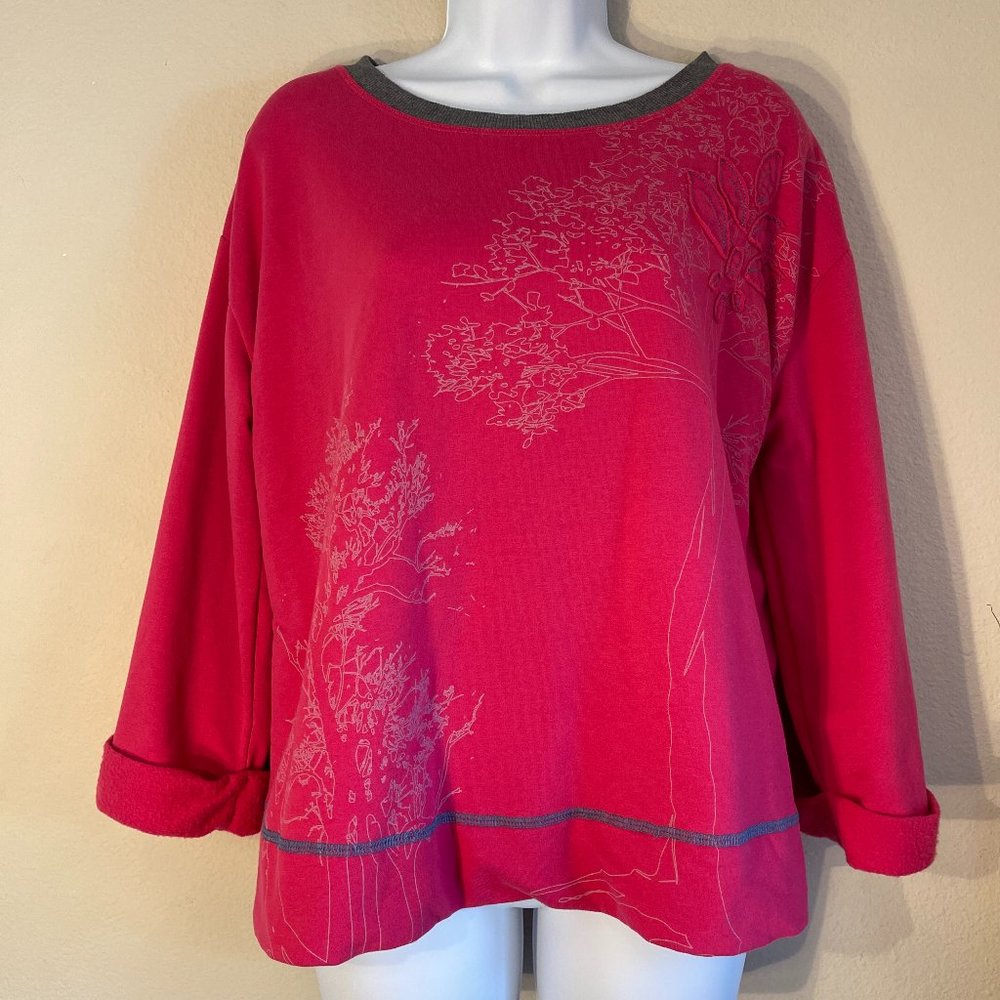 Halcyon cropped appliqued fuschia & gray sweatshirt, altered M rolled cuff